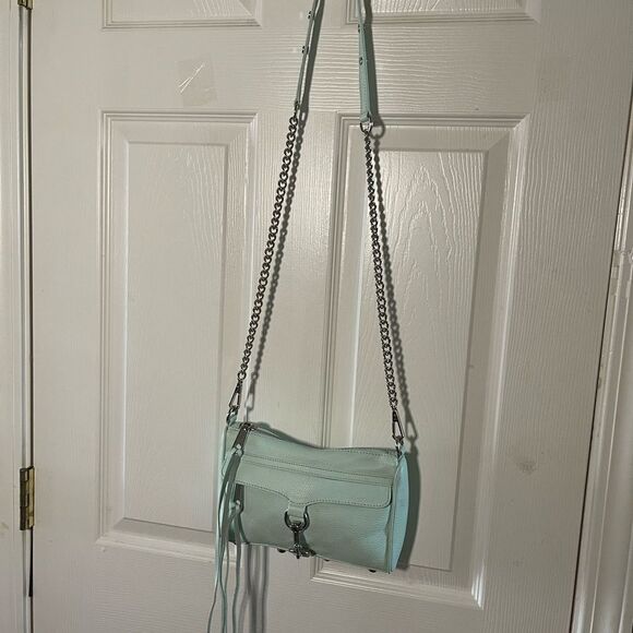 Rebecca Minkoff Mini Mac Crossbody Bag Leather mint green Chain Strap Studded - Picture 1 of 16